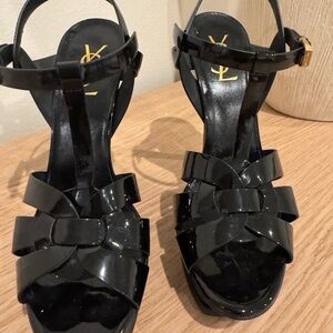 Saint Laurent Black Patent T-Strap Heels with Gold Logo